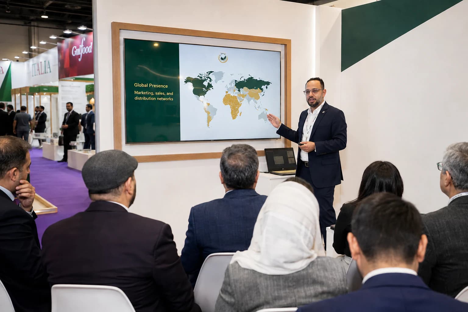 Mohammed Umair presenting the T57 proposition to visitors at the Gulfood trade exhibition.